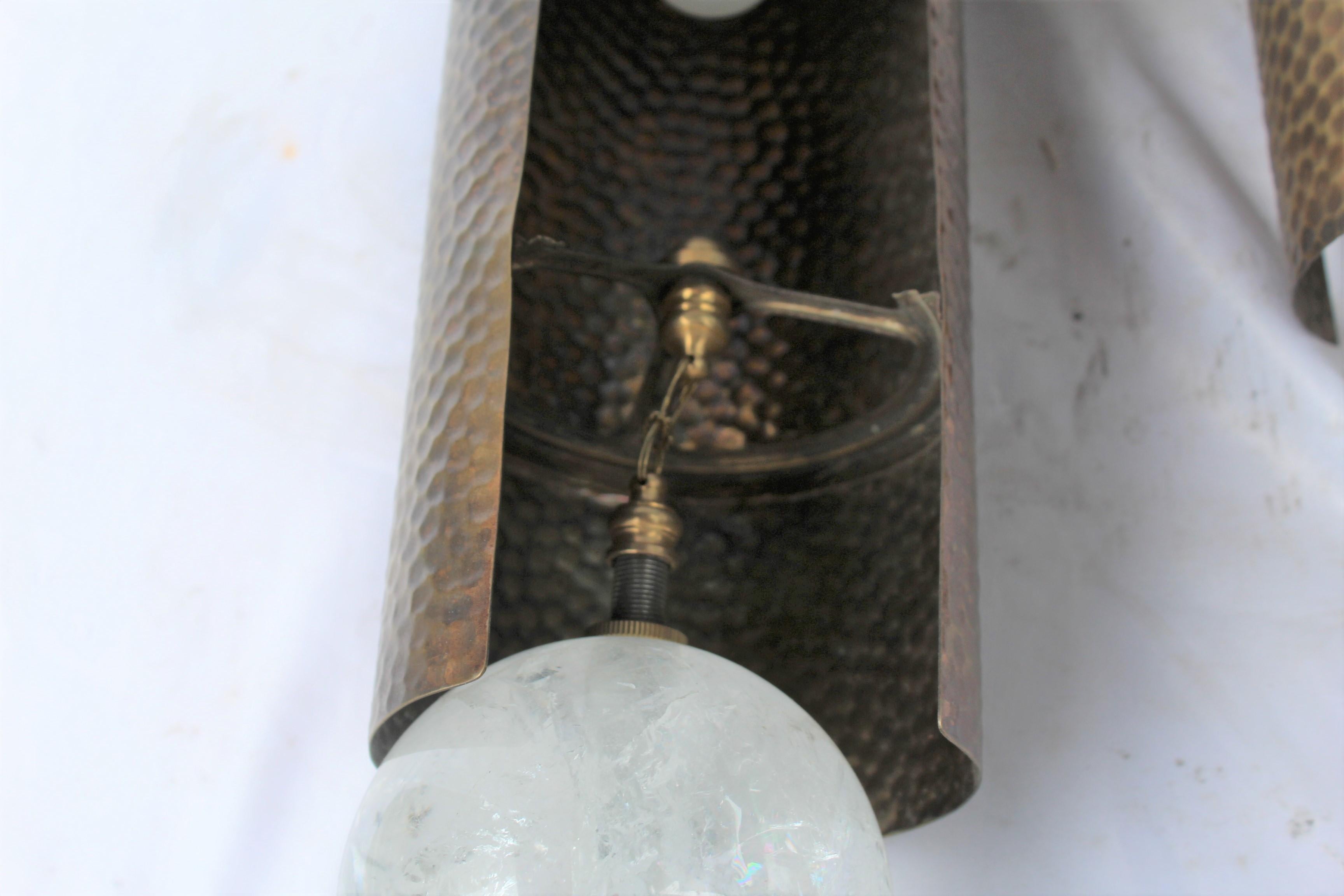 North American Midcentury /Modern Sconces, Hammered Finish Brass Shade and Rock Crystal For Sale
