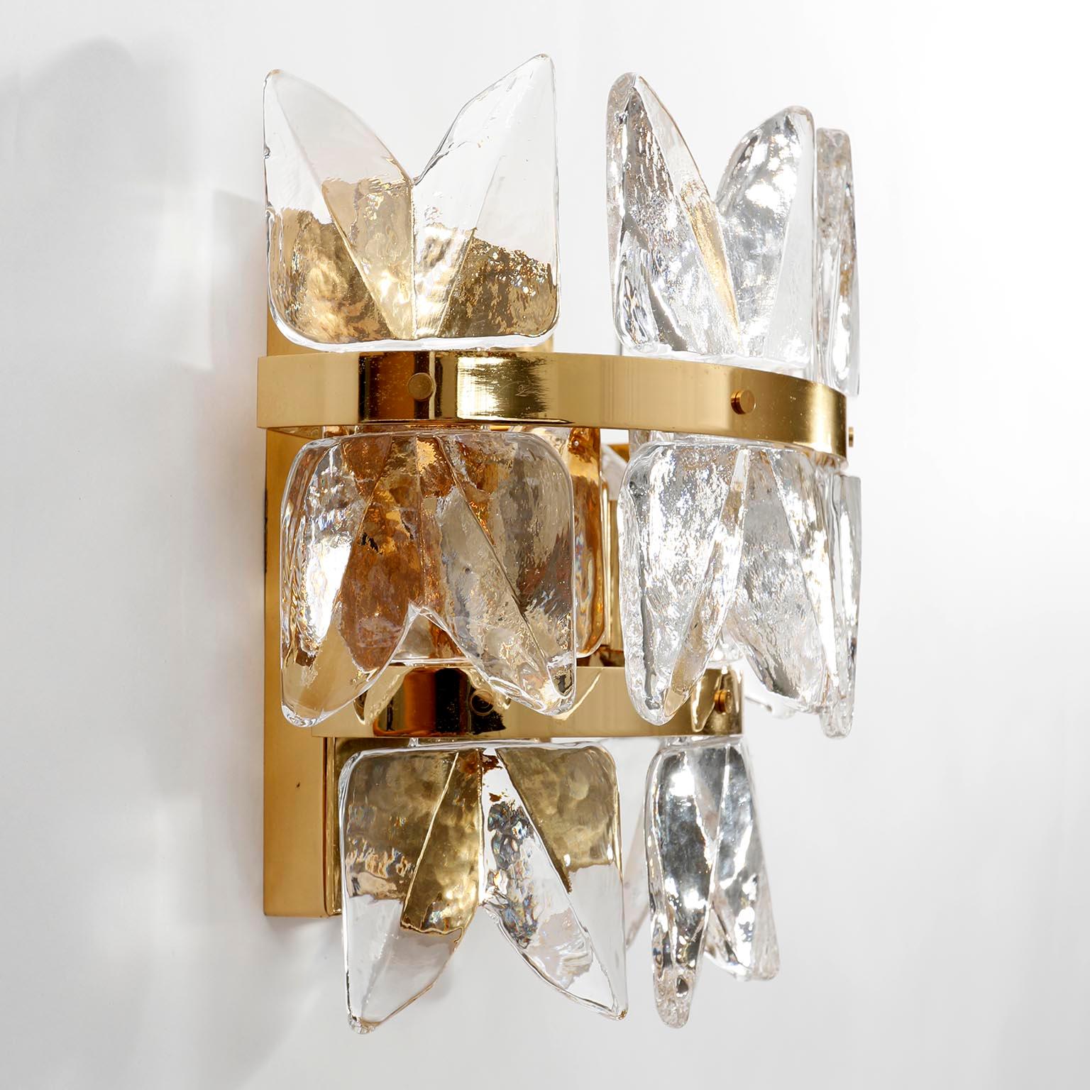 Gold Plate Mid-Century Modern Sconces Wall Lights Kalmar 'Corina', Gilt Brass Glass, 1970s For Sale