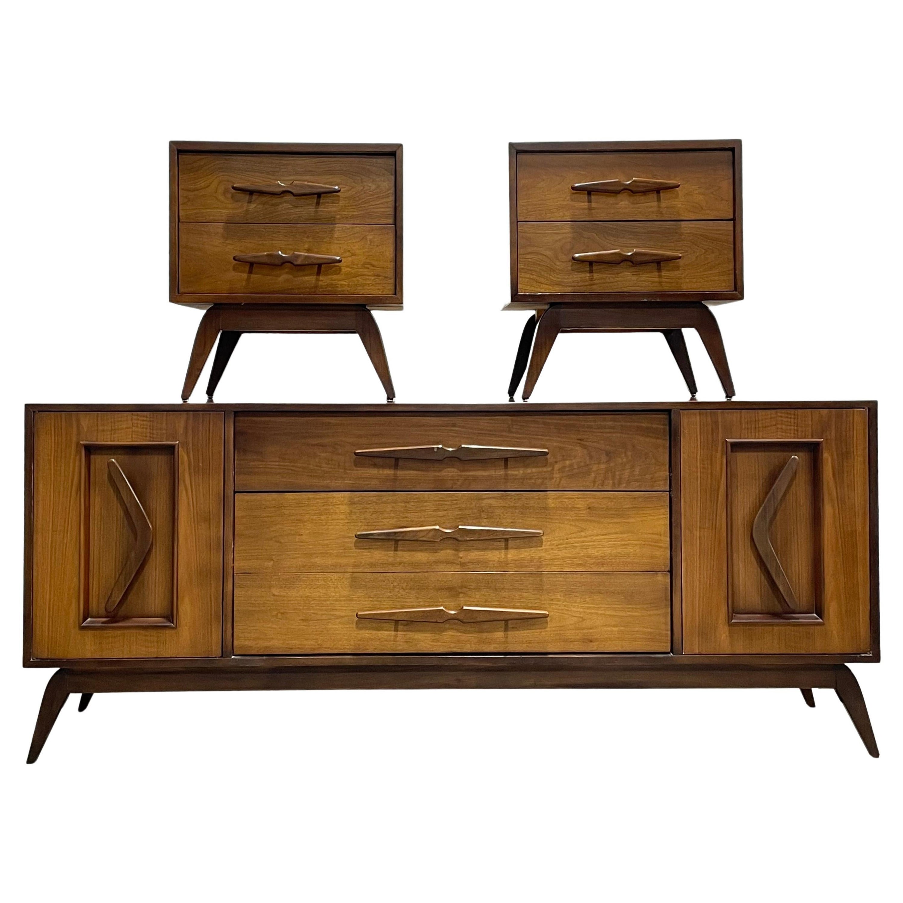 Mid-Century Modern Sculpted Bedroom Set Dresser + Nightstands, c. 1960s