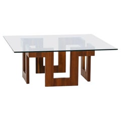 Retro Mid-Century Modern Sculpted Geometric Walnut Coffee Table with Glass Top