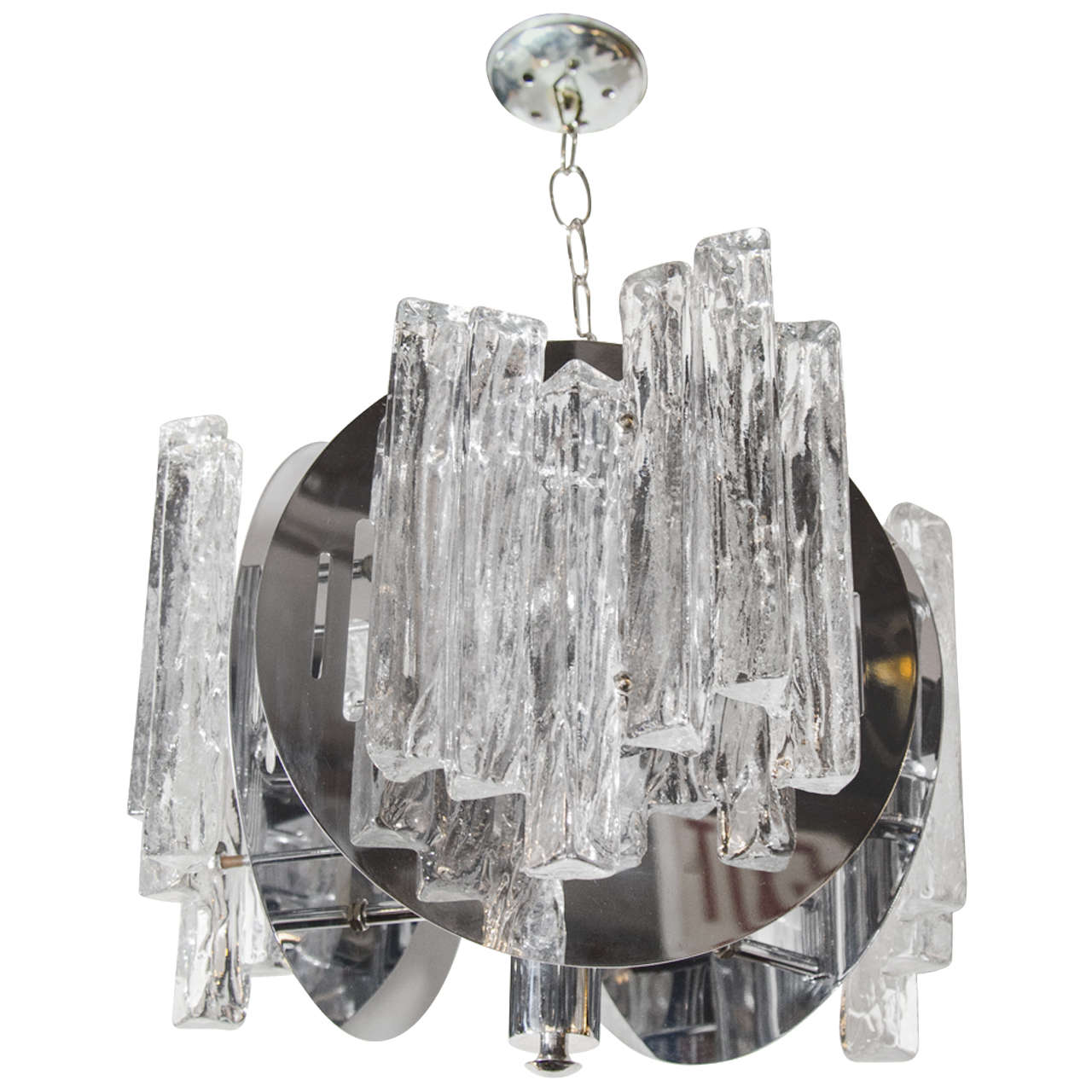 Italian Mid-Century Modern chandelier with Murano glass details and trilateral frame design in nickel and chrome. The fixture has circular discs with open slat accents and are fitted with handblown textured ice glass. Adjustable chain height and