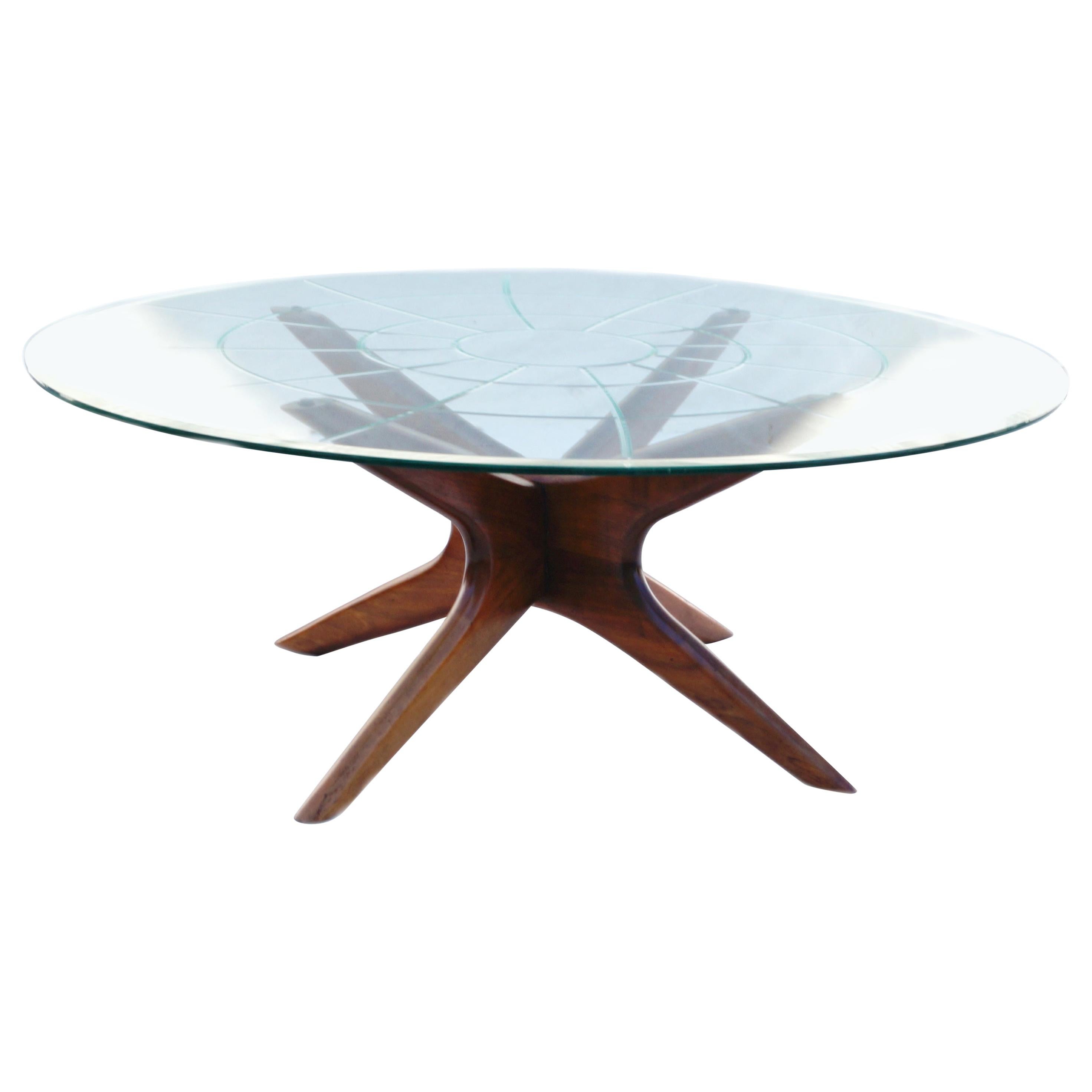 MidCentury Modern Sculpted Glass Top Cocktail Coffee Table by Adrian