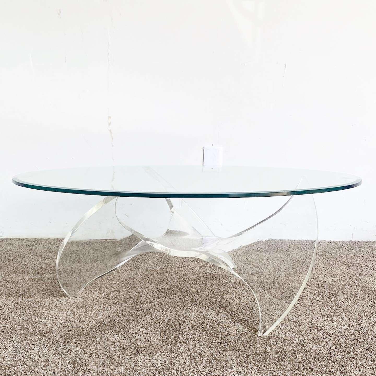 American Mid Century Modern Sculpted Lucite Oval Glass Top Coffee Table For Sale