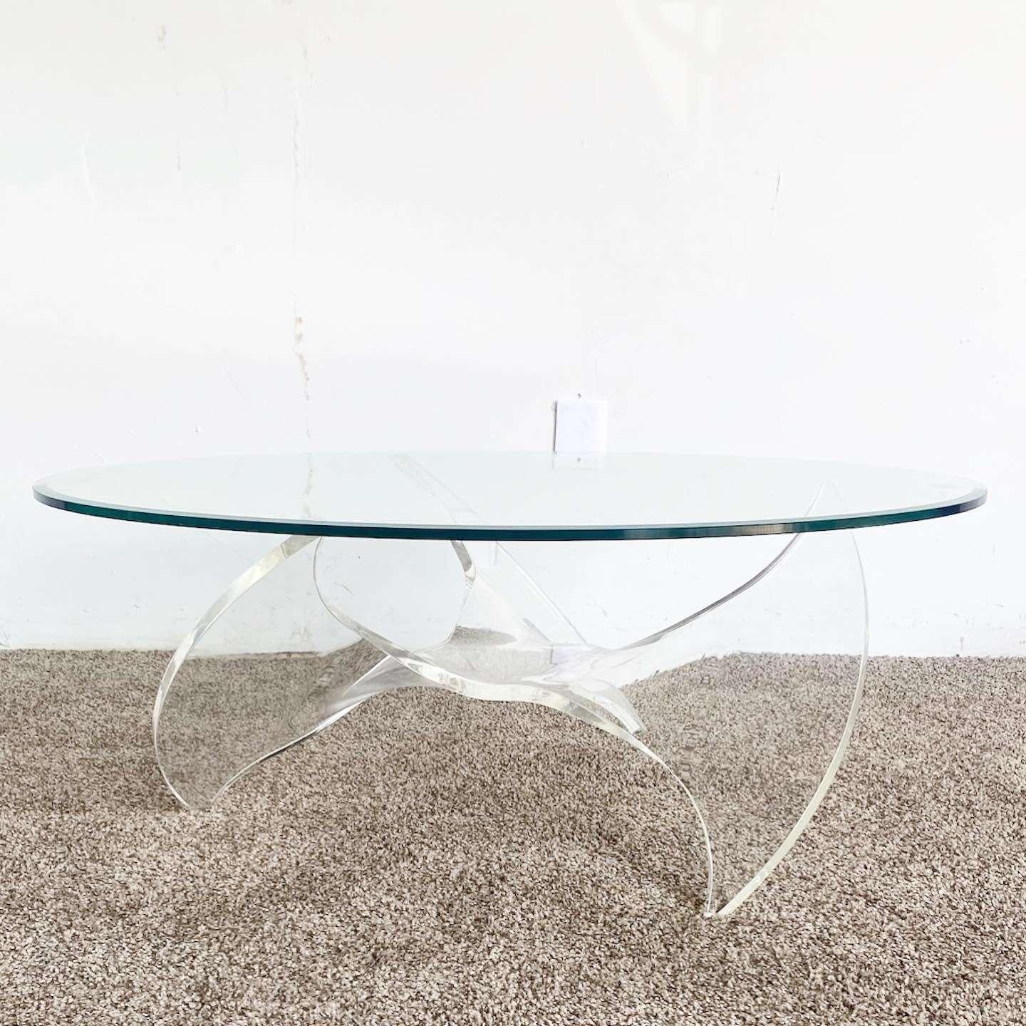 American Mid Century Modern Sculpted Lucite Oval Glass Top Coffee Table