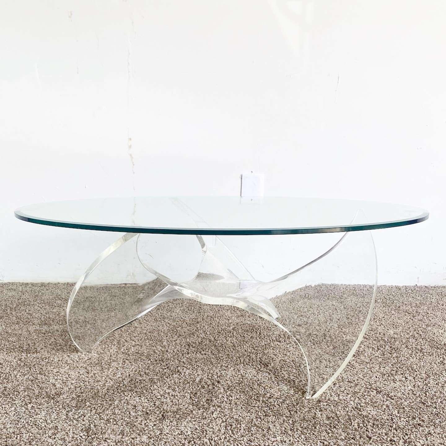 Mid Century Modern Geformter Lucite Oval Glasplatte Couchtisch (amerikanisch) im Angebot