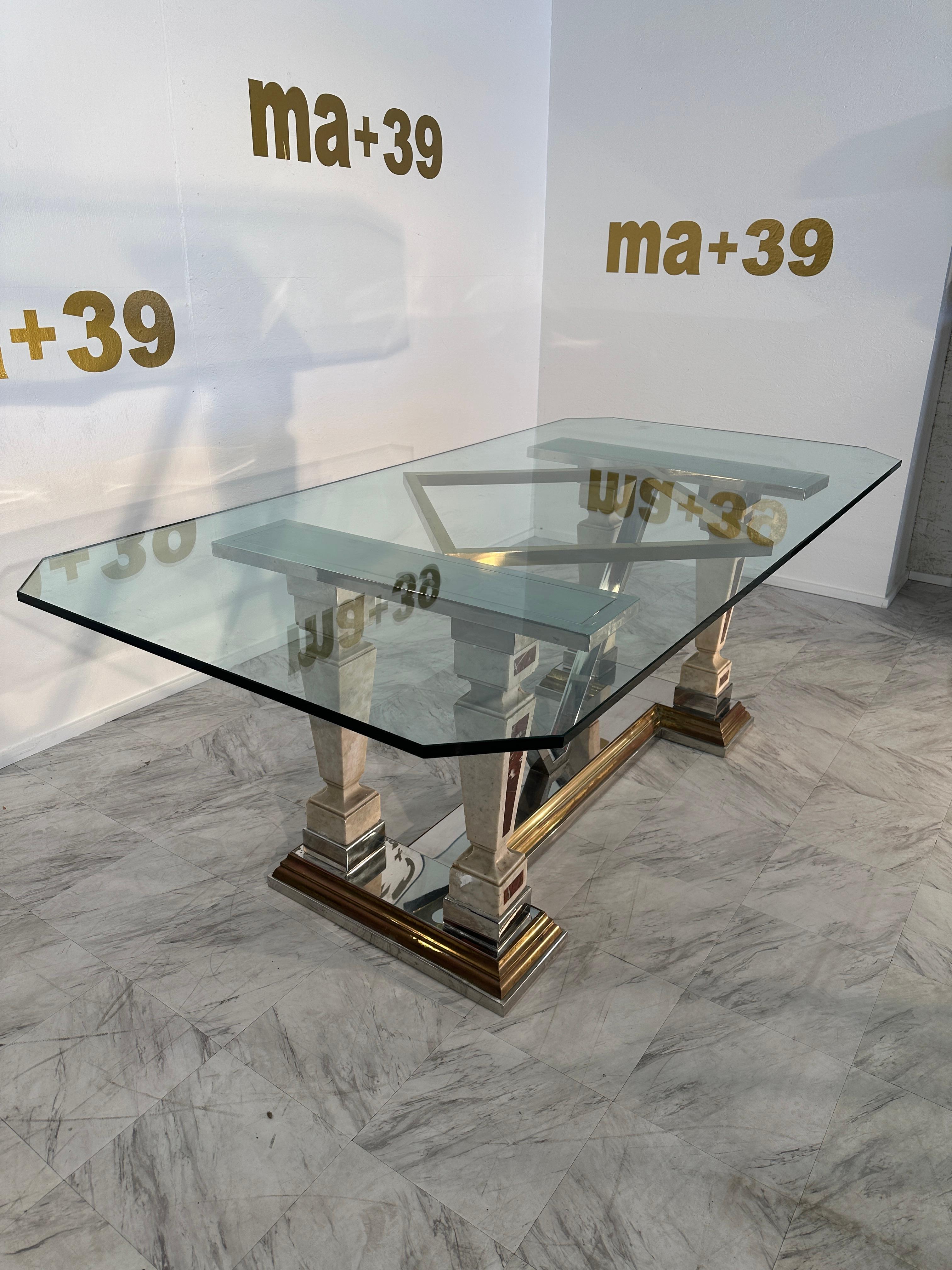 Italian Mid-Century Modern Sculpted Metal And Marble Dining Table with Glass Top 1970 For Sale