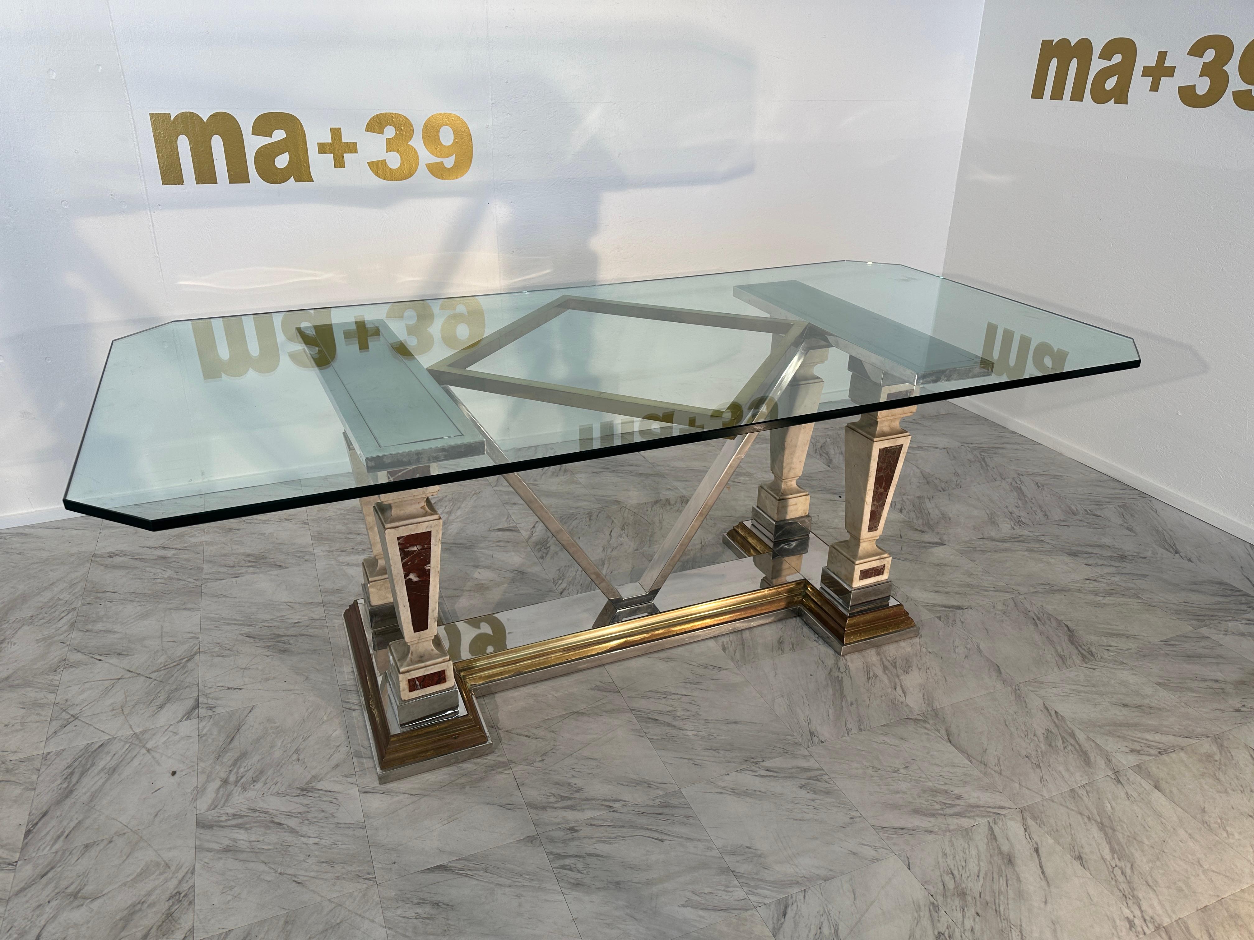 Brass Mid-Century Modern Sculpted Metal And Marble Dining Table with Glass Top 1970 For Sale