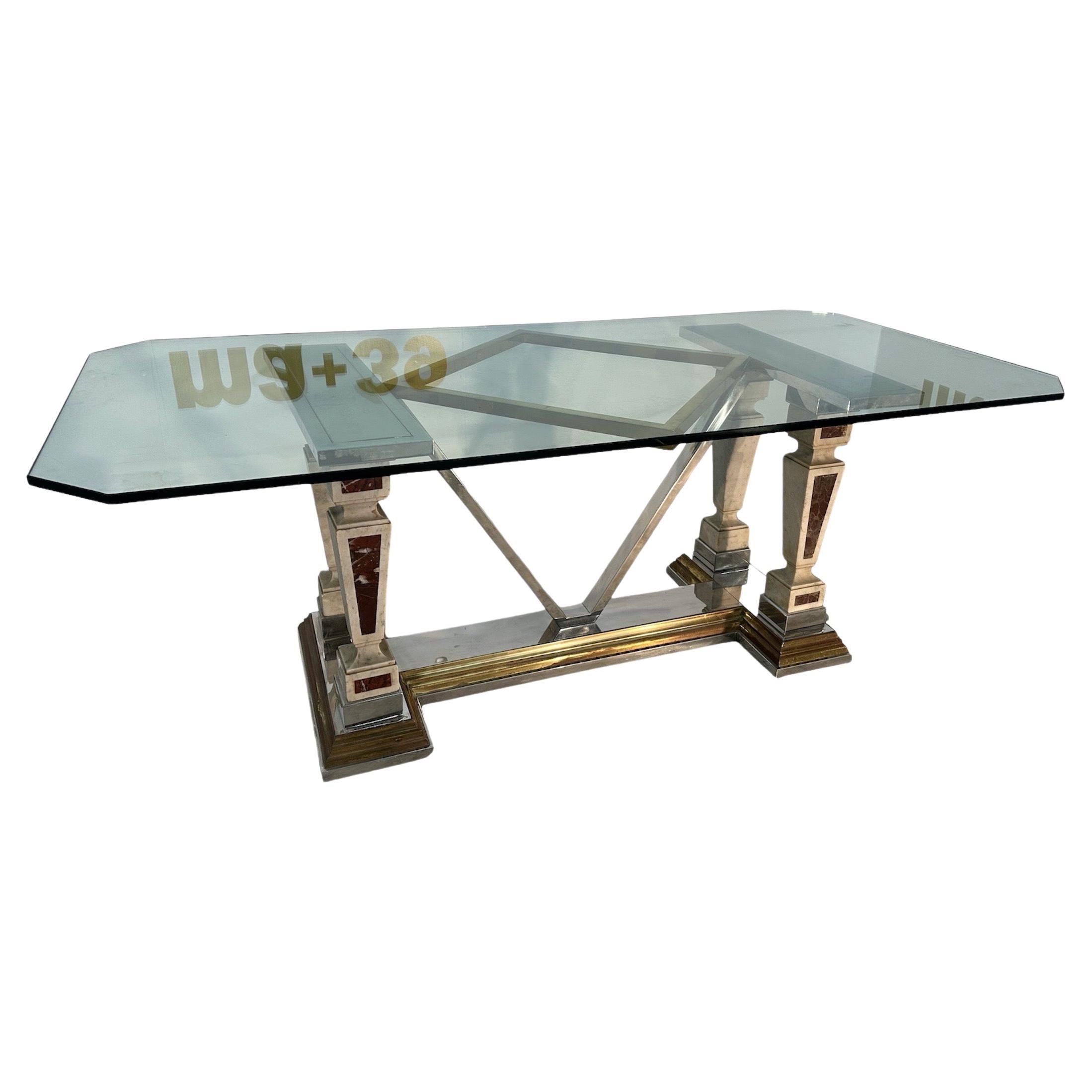 Mid-Century Modern Sculpted Metal And Marble Dining Table with Glass Top 1970 For Sale