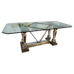 Used Mid-Century Modern Sculpted Metal And Marble Dining Table with Glass Top 1970