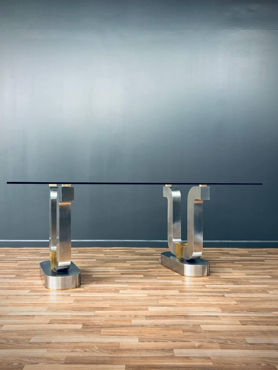 American Mid-Century Modern Sculpted Metal Dining Table with Glass Top For Sale