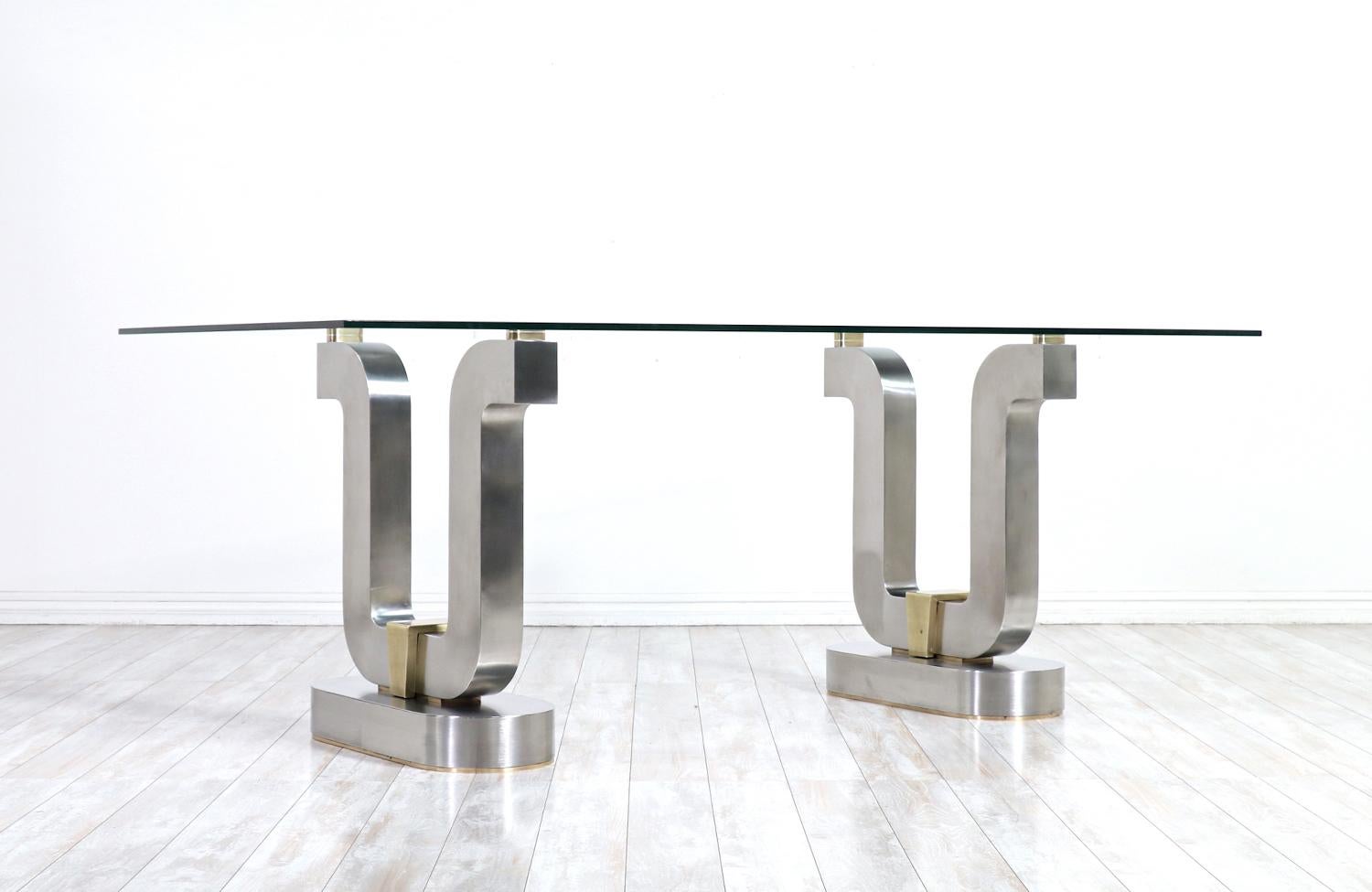 American Expertly Restored -Mid-Century Modern Sculpted Metal Dining Table with Glass Top