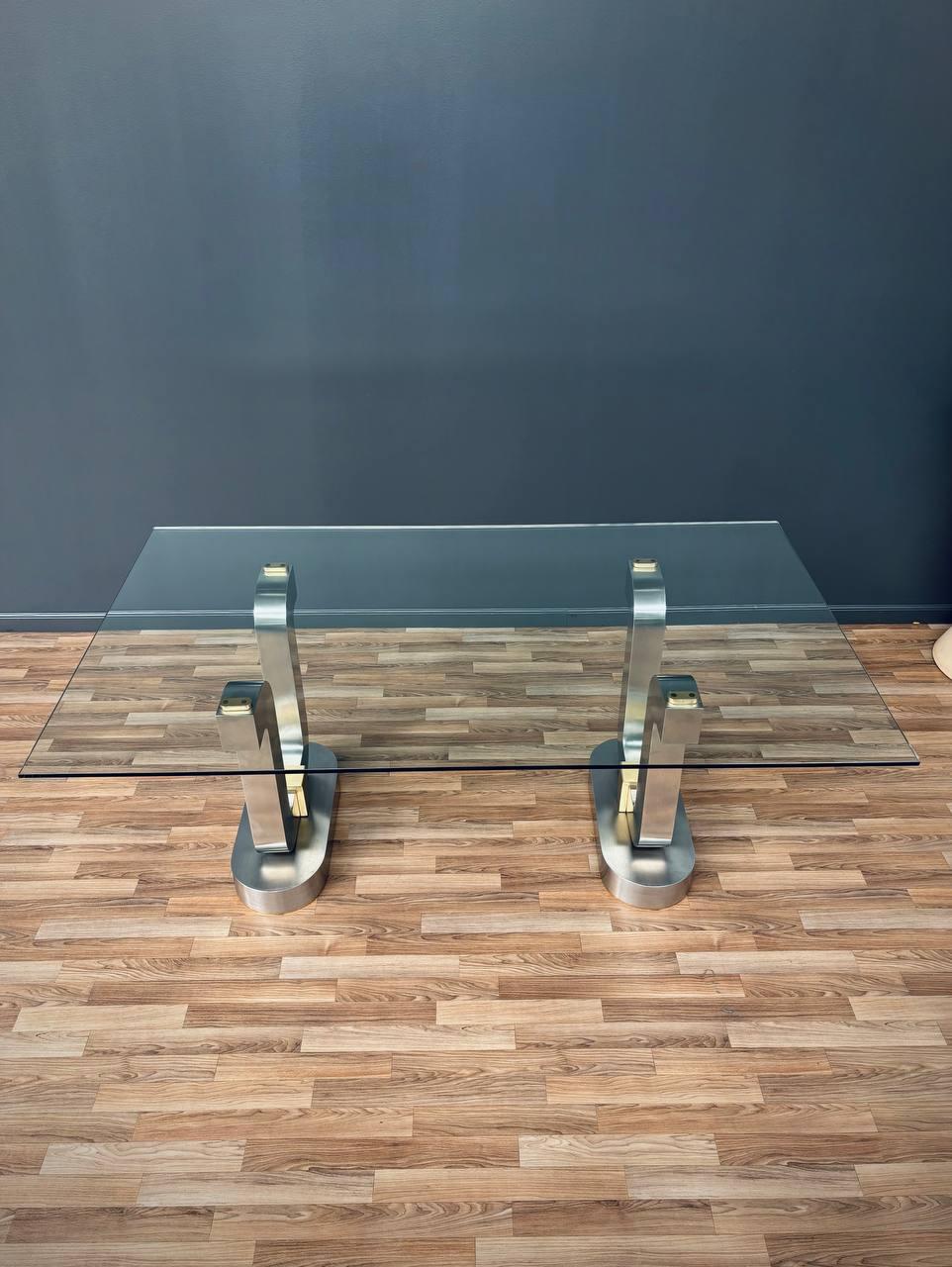 Mid-Century Modern Sculpted Metal Dining Table with Glass Top In Good Condition For Sale In Los Angeles, CA