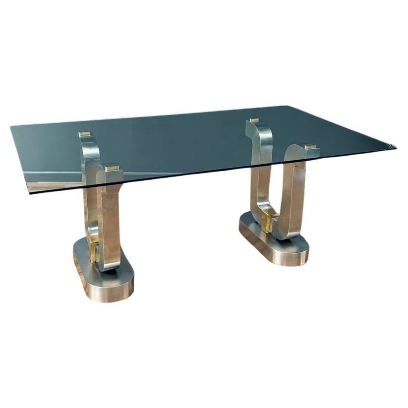 Mid-Century Modern Sculpted Metal Dining Table with Glass Top For Sale