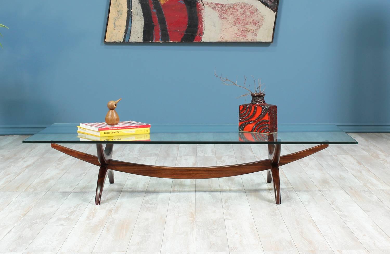 American Mid-Century Modern Sculpted Rosewood and Glass Coffee Table