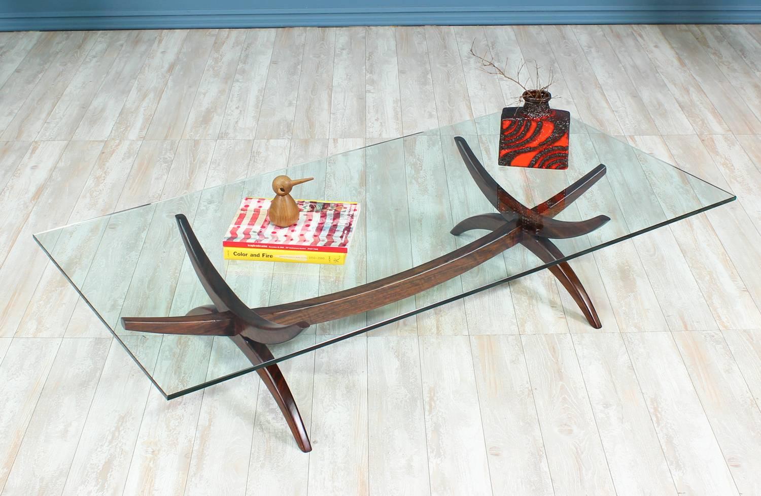 Mid-Century Modern Sculpted Rosewood and Glass Coffee Table In Excellent Condition In Los Angeles, CA