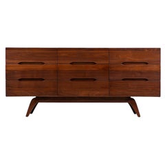 Mid-Century Modern Sculpted Walnut 9-Drawer Dresser