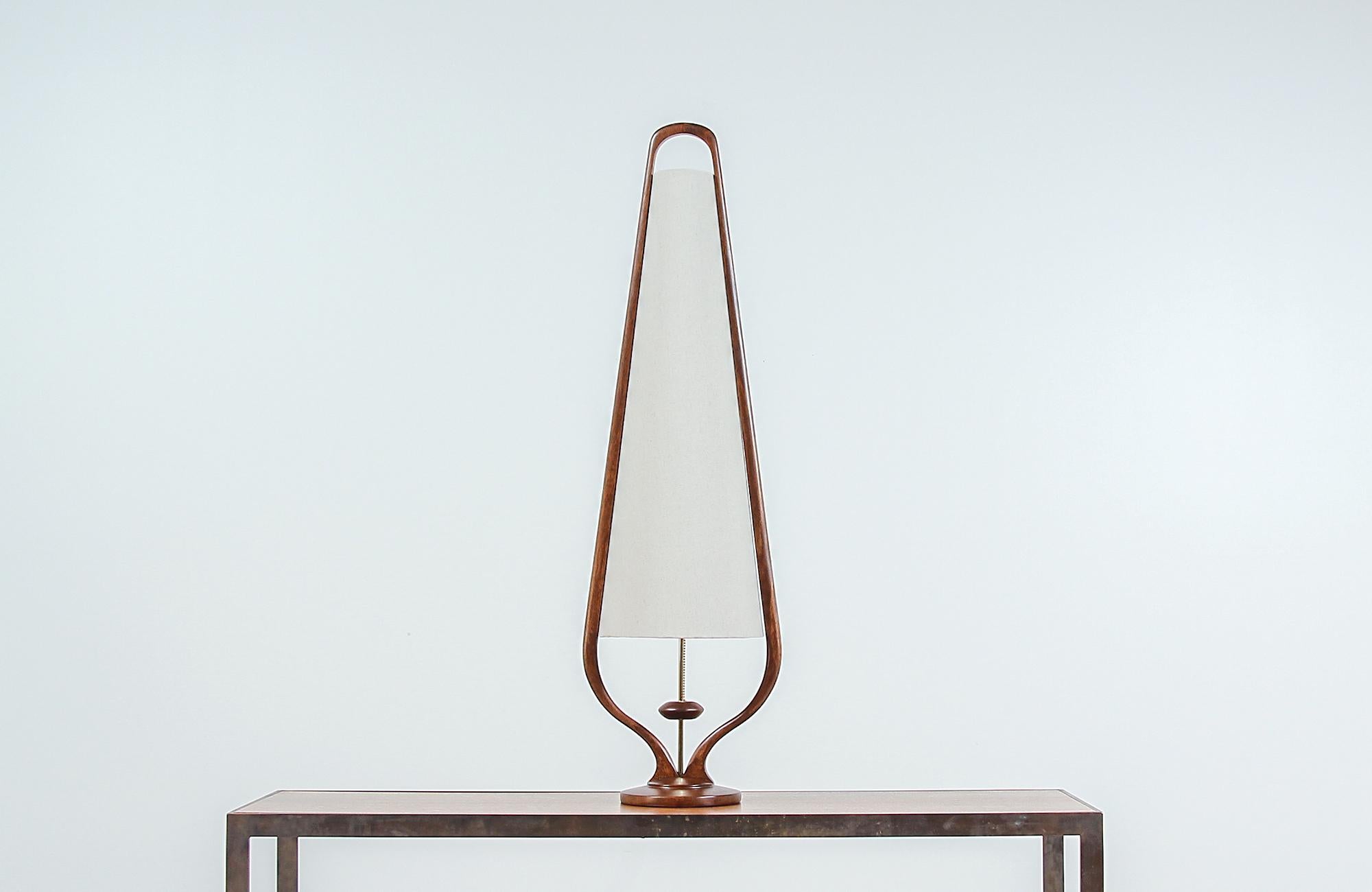 American Mid-Century Modern Sculpted Walnut and Brass Table Lamp by Modeline