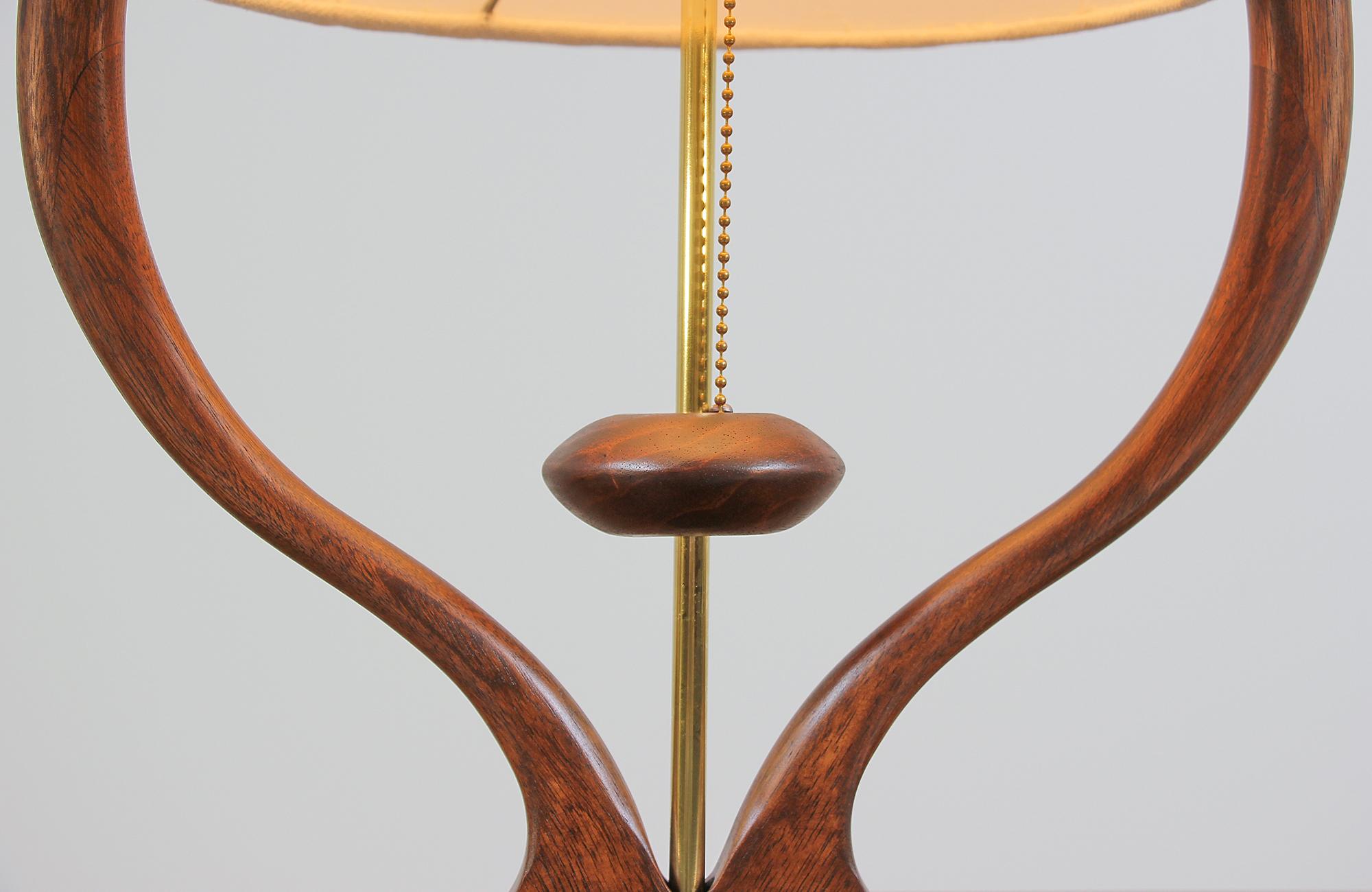 Linen Mid-Century Modern Sculpted Walnut and Brass Table Lamp by Modeline