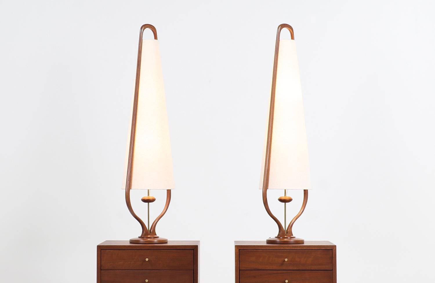 American Mid-Century Modern Sculpted Walnut and Brass Table Lamps by Modeline