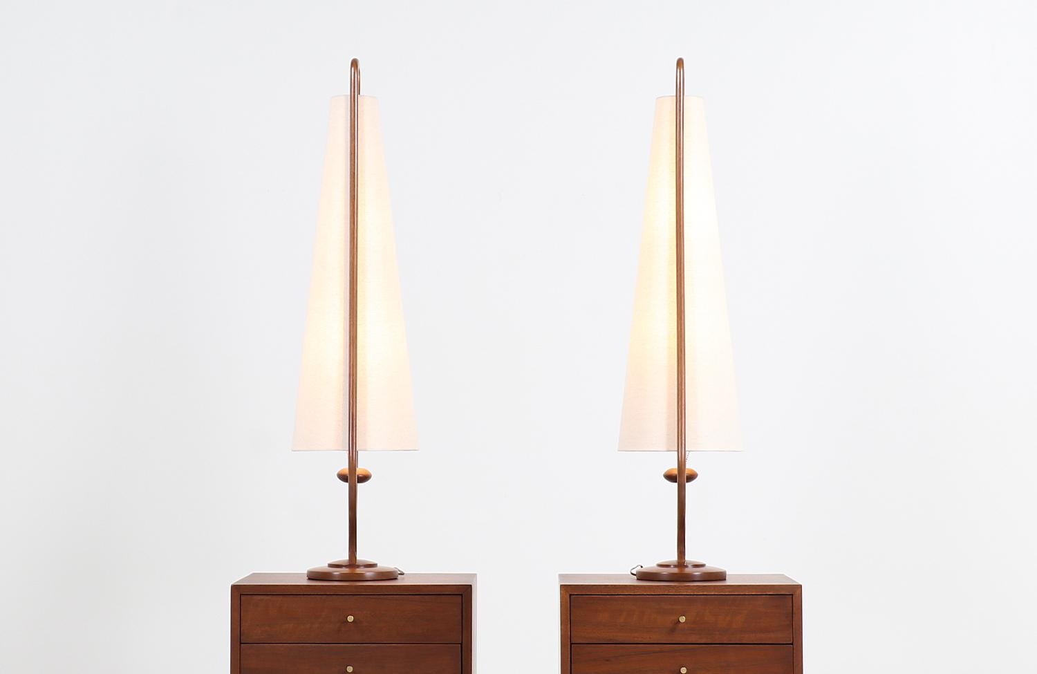 Polished Mid-Century Modern Sculpted Walnut and Brass Table Lamps by Modeline