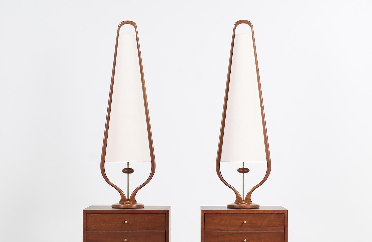 Mid-Century Modern Sculpted Walnut and Brass Table Lamps by Modeline In Excellent Condition In Los Angeles, CA