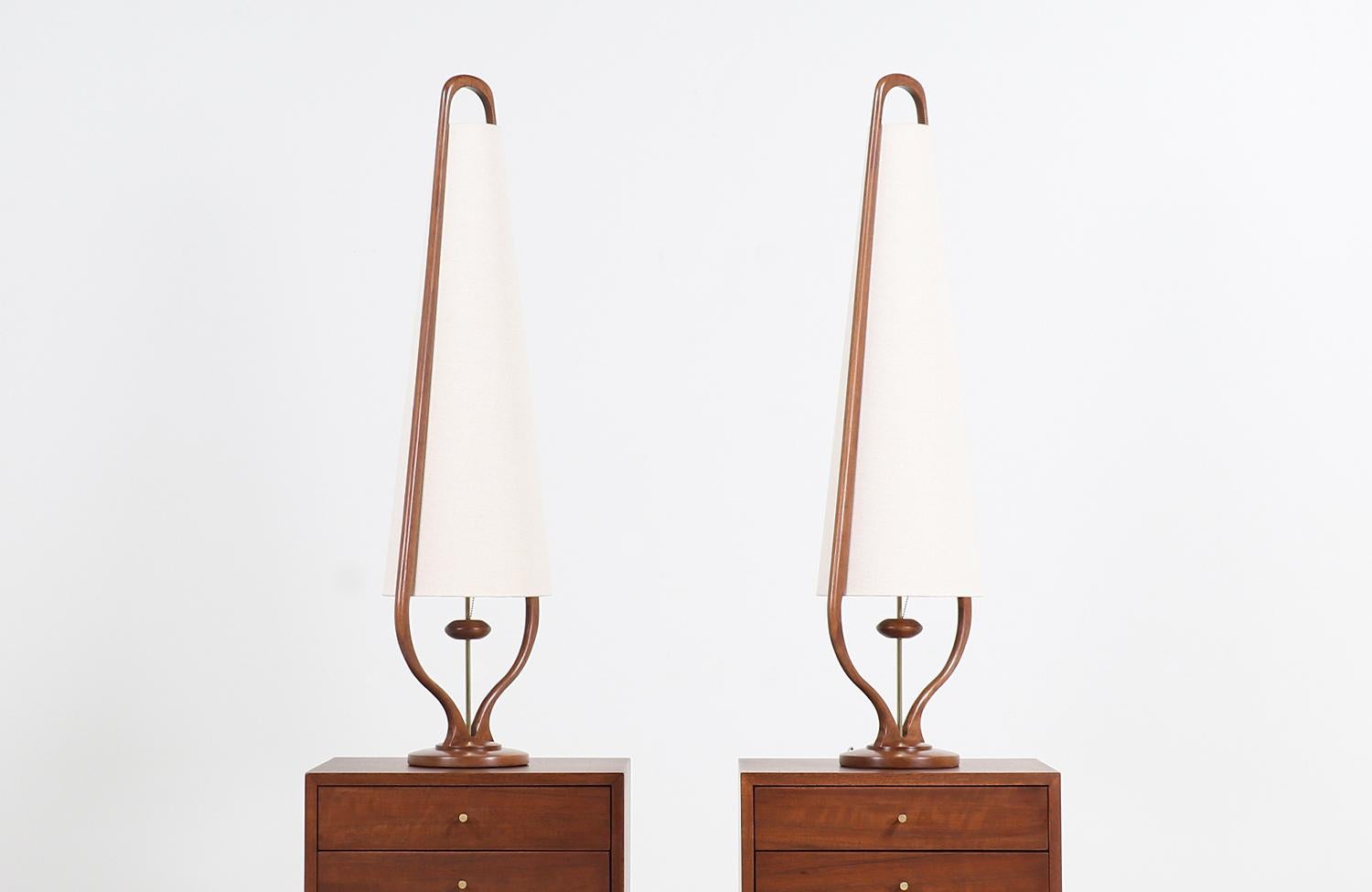 Mid-20th Century Mid-Century Modern Sculpted Walnut and Brass Table Lamps by Modeline
