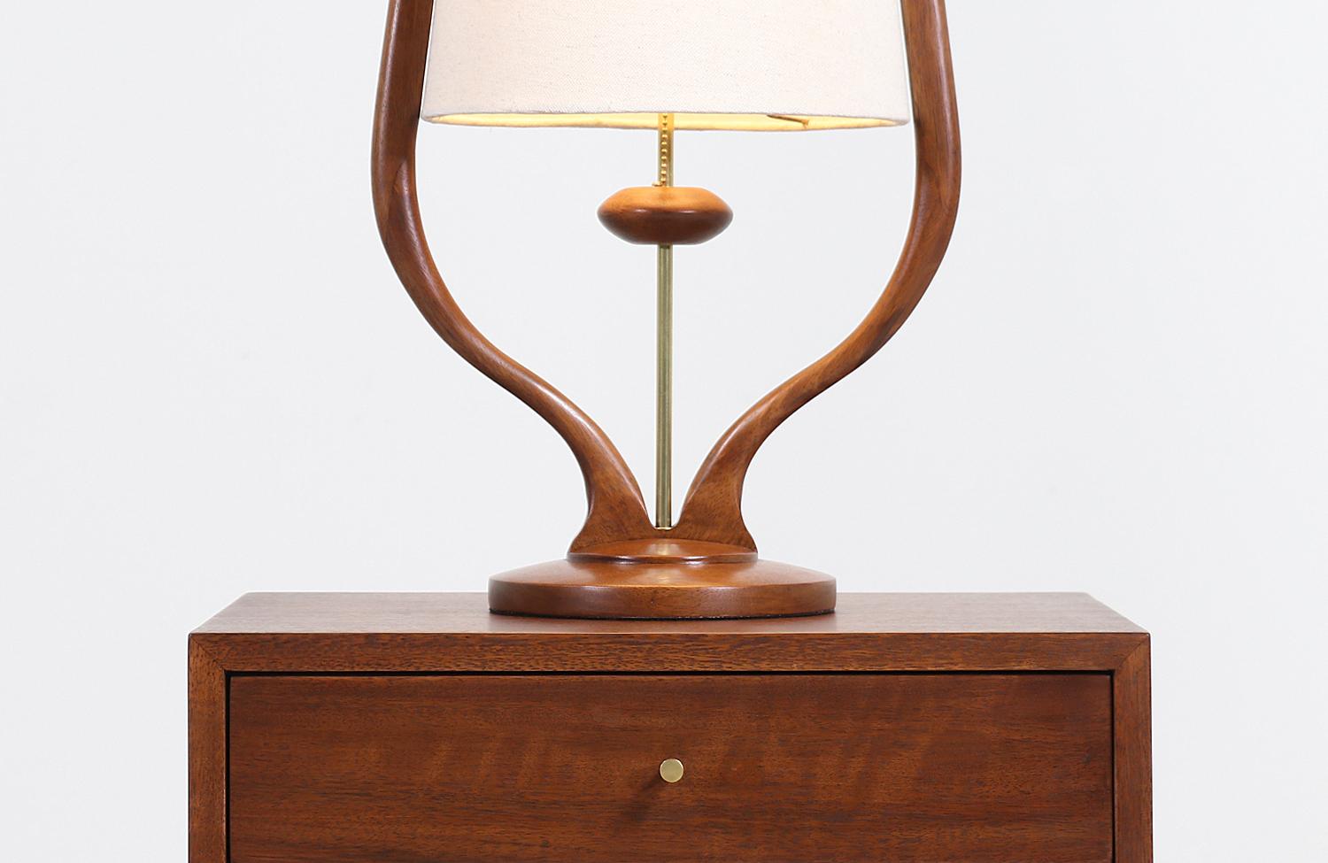 Mid-Century Modern Sculpted Walnut and Brass Table Lamps by Modeline 2