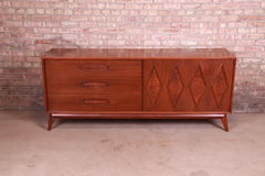 Mid-Century Modern Sculpted Walnut and Burl Sliding Door Dresser or Credenza
