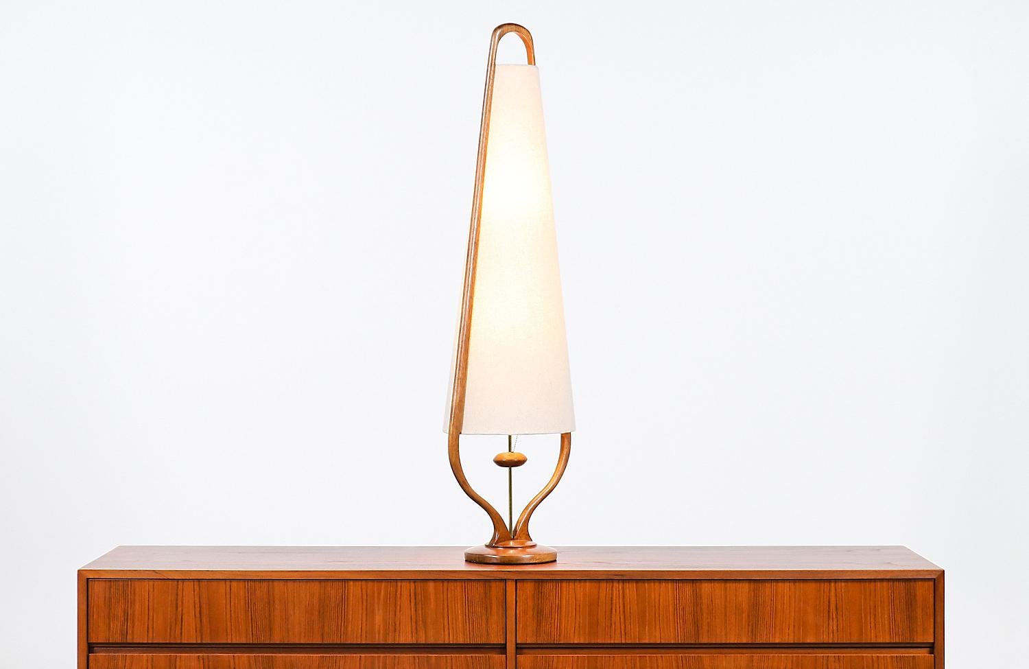 American Mid-Century Modern Sculpted Walnut Arc and Brass Table Lamp by Modeline