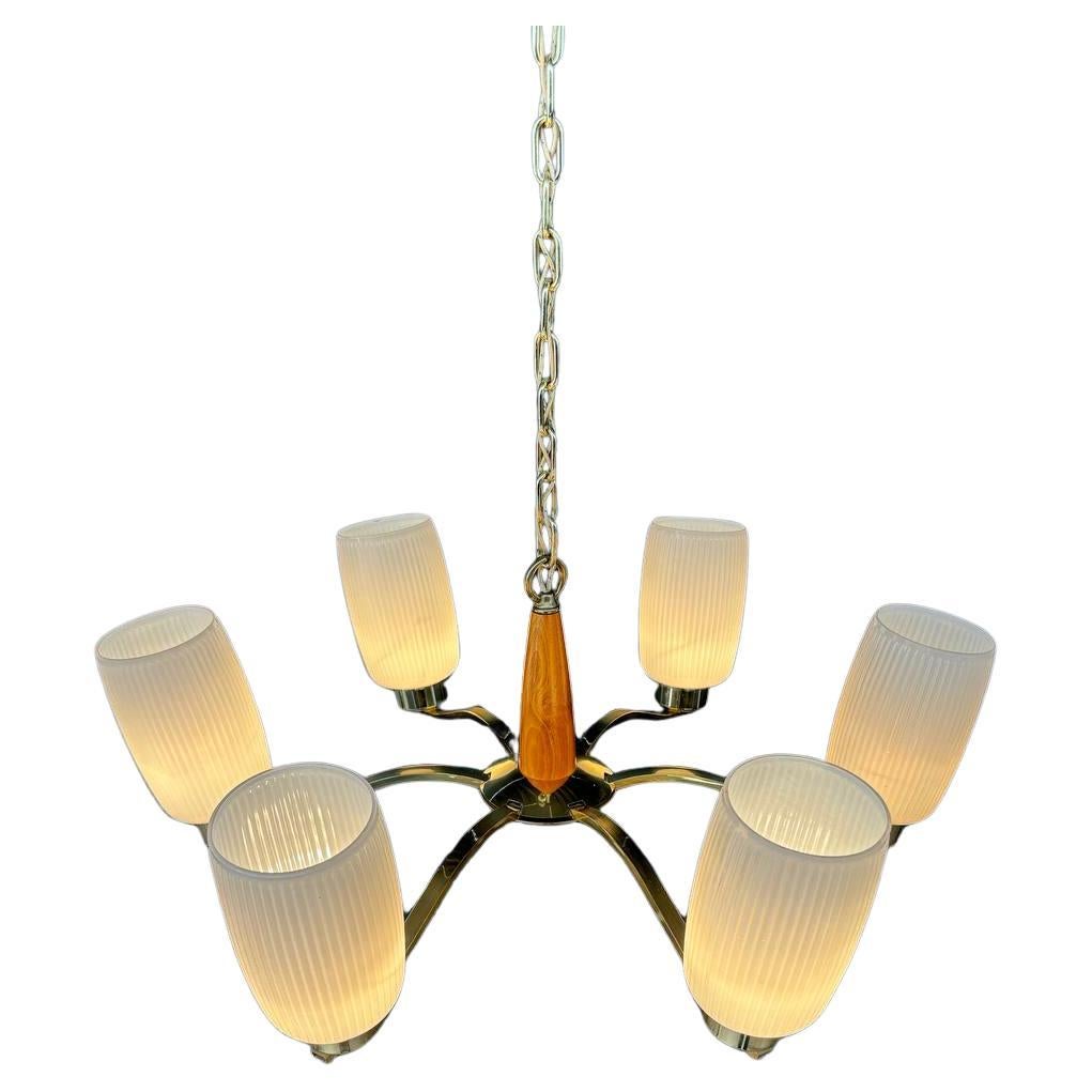 Mid-Century Modern Sculpted Walnut & Brass Chandelier