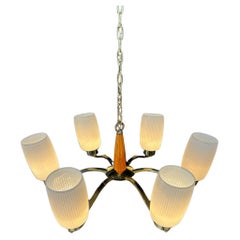 Vintage Mid-Century Modern Sculpted Walnut & Brass Chandelier