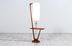Mid-Century Modern Sculpted Walnut & Brass Floor Lamp with Accent Side Table