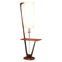 Mid-Century Modern Sculpted Walnut & Brass Floor Lamp with Accent Side Table