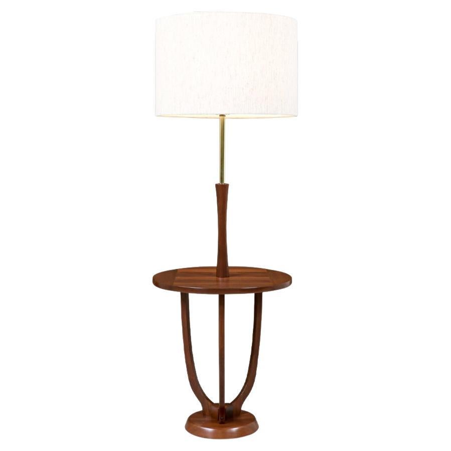 Mid-Century Modern Sculpted Walnut & Brass Floor Lamp with Side Table  For Sale