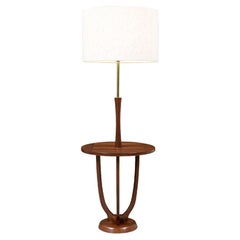 Mid-Century Modern Sculpted Walnut & Brass Floor Lamp with Side Table 
