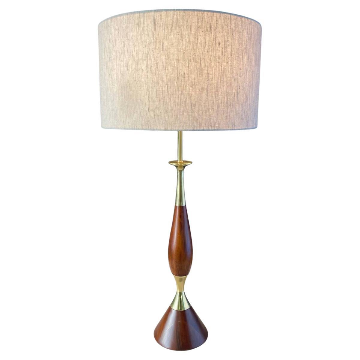 Newly Refinished - Mid-Century Modern Sculpted Walnut & Brass Table Lamp