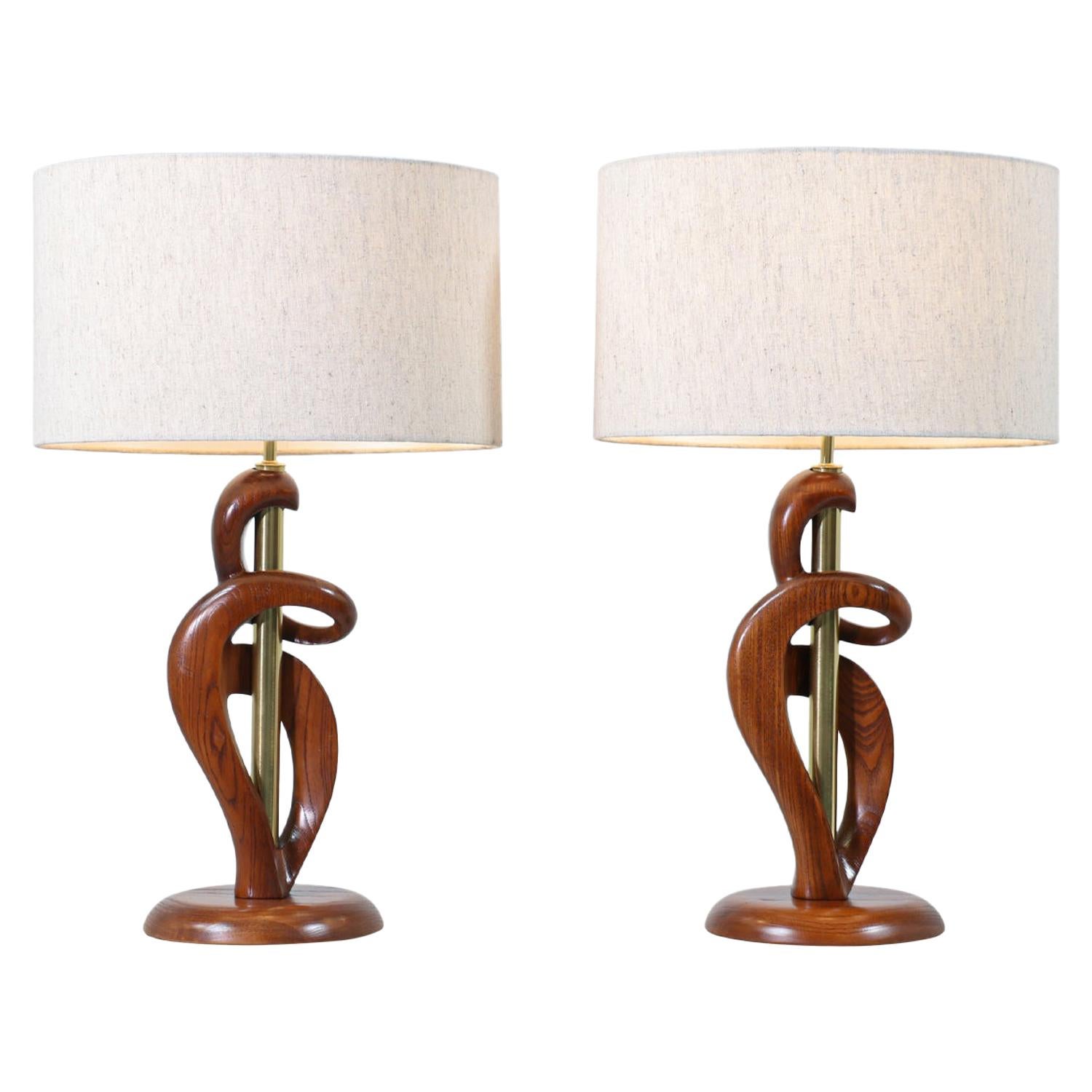 Mid-Century Modern Sculpted Walnut & Brass Table Lamps by Modeline of California