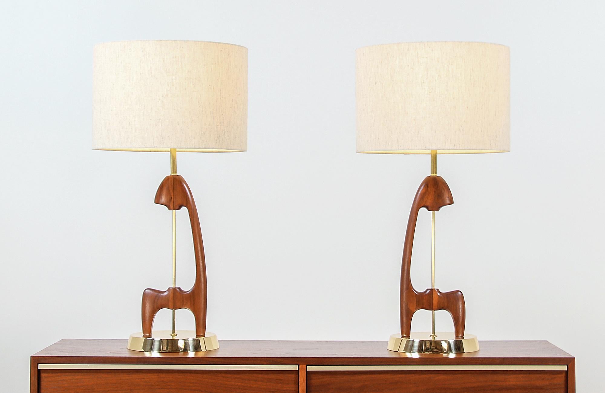 American Mid-Century Modern Sculpted Walnut and Brass Table Lamps