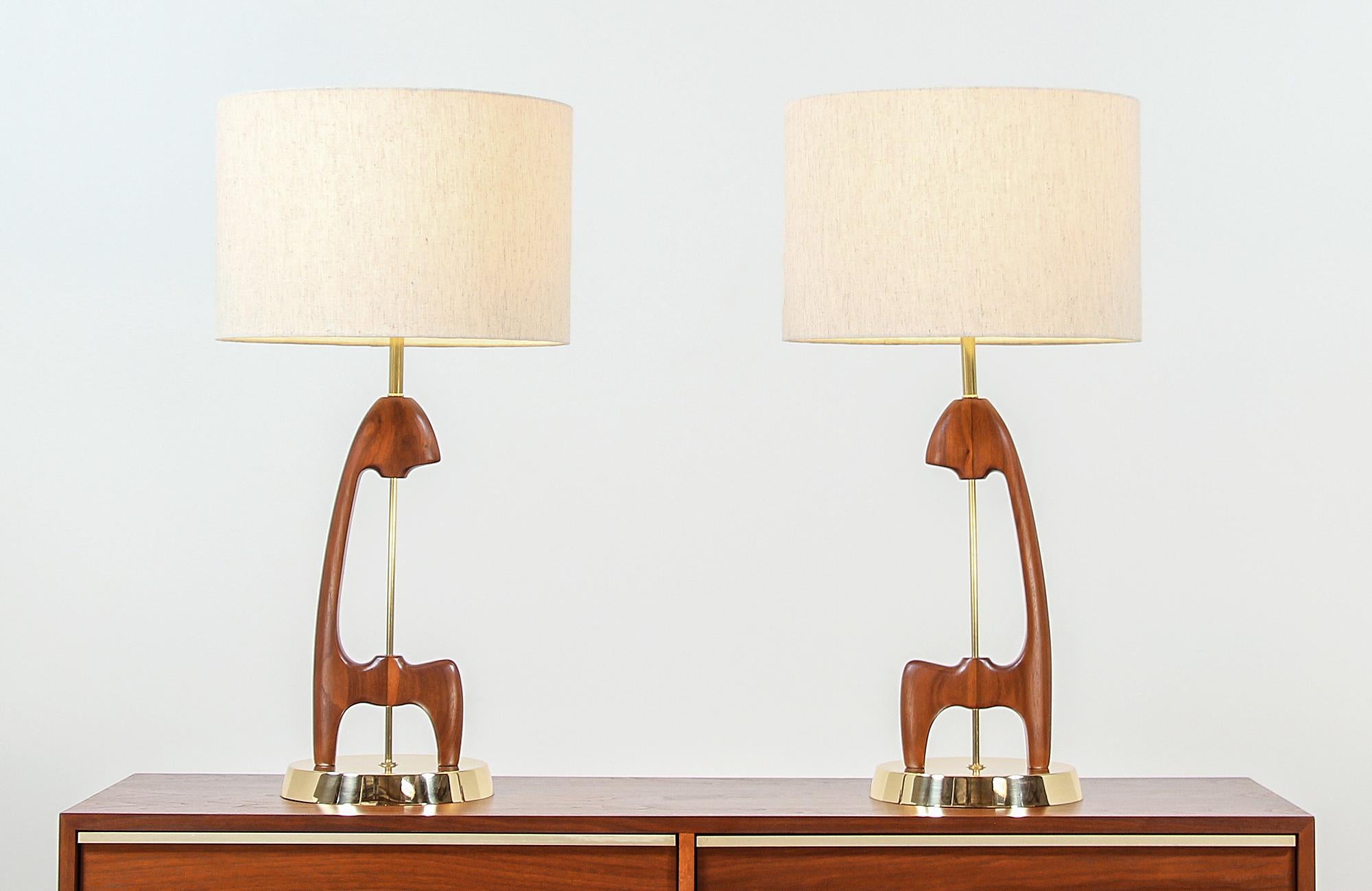 Polished Mid-Century Modern Sculpted Walnut and Brass Table Lamps