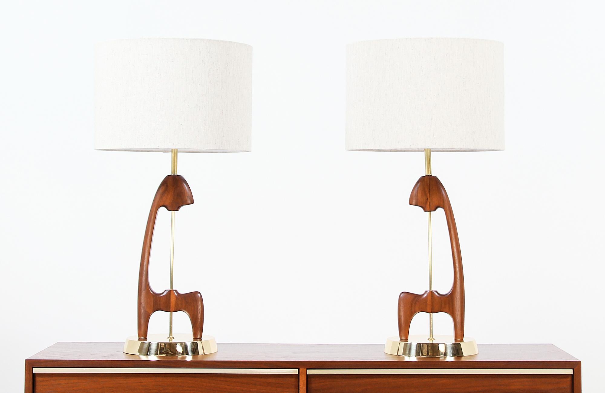 Mid-Century Modern Sculpted Walnut and Brass Table Lamps In Excellent Condition In Los Angeles, CA