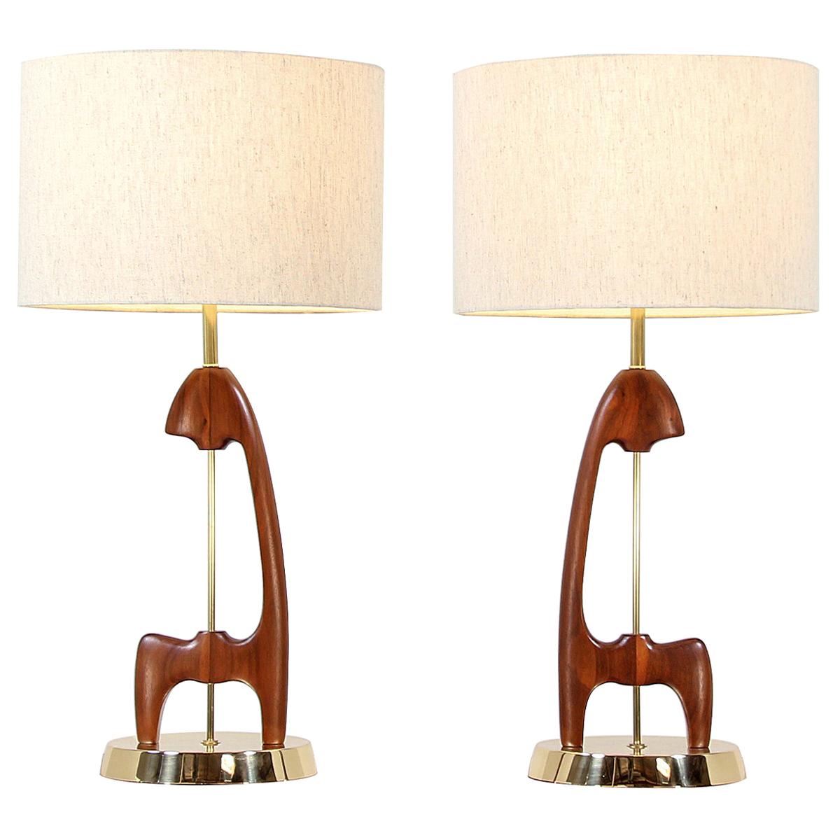 Mid-Century Modern Sculpted Walnut and Brass Table Lamps