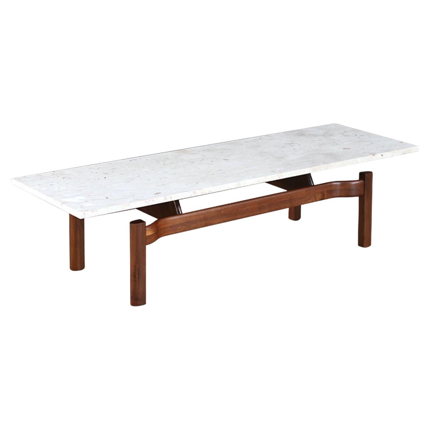 Mid-Century Modern Sculpted Walnut Coffee Table w/ Marble Stone Top