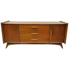 Mid-Century Modern Sculpted Walnut Credenza Long Dresser Chest of Drawers