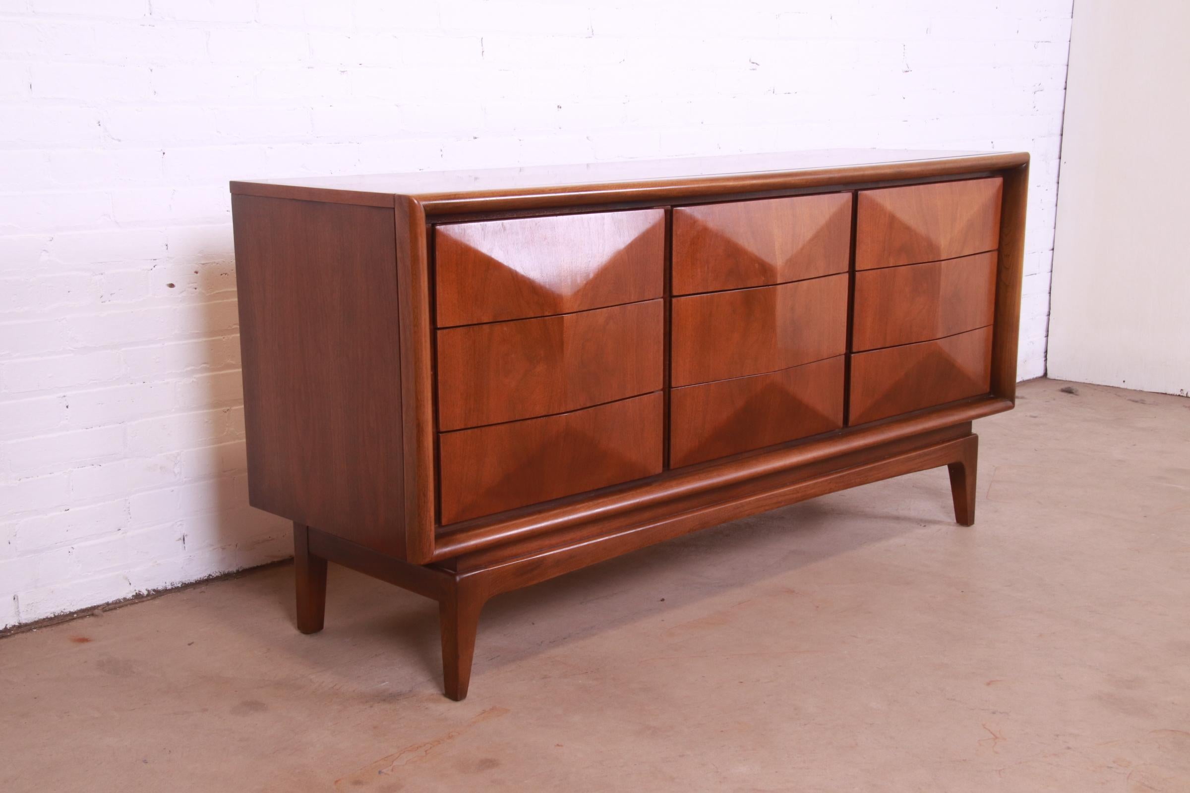 Mid-Century Modern Sculpted Walnut Diamond Front Dresser or Credenza by United 1
