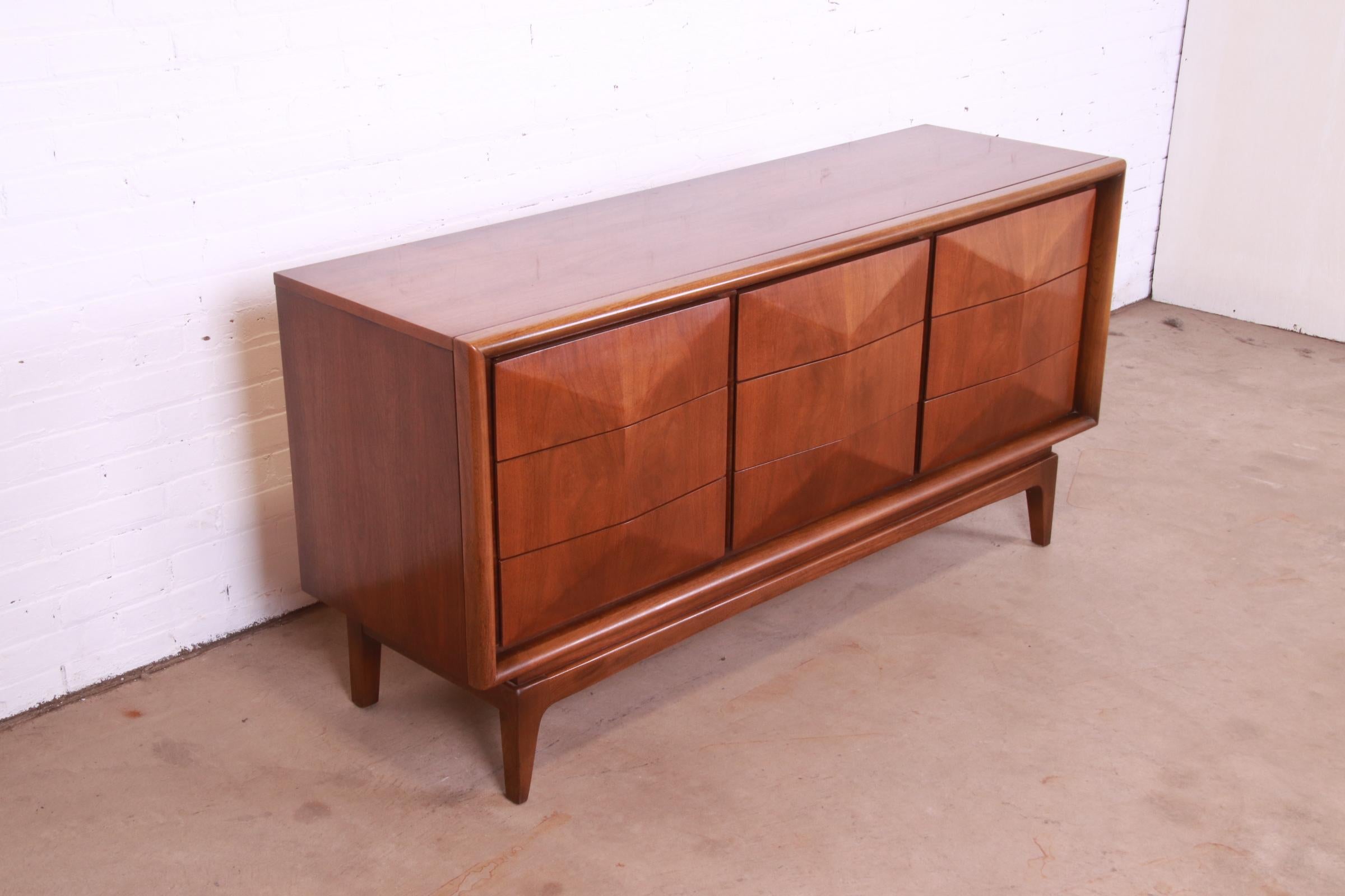 Mid-Century Modern Sculpted Walnut Diamond Front Dresser or Credenza by United 2