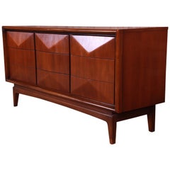 Mid-Century Modern Sculpted Walnut Diamond Front Dresser or Credenza by United