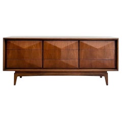 Mid-Century Modern Sculpted Walnut Diamond Front Dresser or Credenza by United