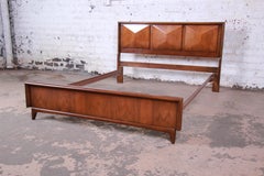 Mid-Century Modern Sculpted Walnut Diamond Front Full Size Bed Frame