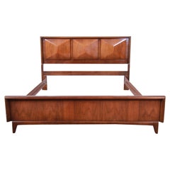 Mid-Century Modern Sculpted Walnut Diamond Front Full Size Bed Frame
