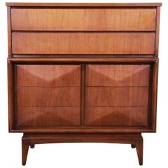 Mid-Century Modern Sculpted Walnut Diamond Front Highboy Dresser by United